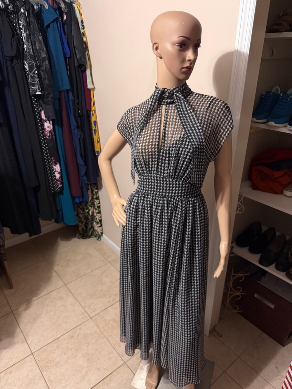 Black & White Houndstooth Maxi Dress with Tie Neck - Picture 1 of 11